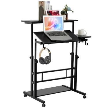 Imagem de Hadulcet Mesa de pé móvel, mesa de rodinhas ajustável para computador, mesa de laptop de pé, estação de trabalho móvel para sala de aula de escritório em casa com rodas, preta