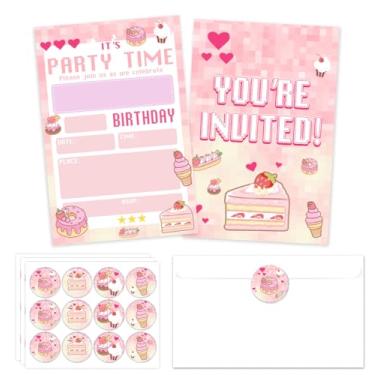 Imagem de Convite de festa de aniversário de bolo rosa, convites para festas de pixel, convites rosa, cartões de bolo com 20 envelopes 24 adesivos para meninos e meninas, cartões de convites para festas de
