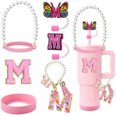 Imagem de 7 peças de acessórios de copo para copo Stanley alça de alça de garrafa de água 0,8 cm carta palha capa de silicone alça inicial pingente adesivo de letra para copo de 30 e 1,134 g com alça (rosa