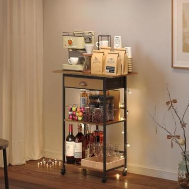 Imagem de Carrinho de estação com suporte de barra de café com gaveta de armazenamento - 3 camadas, mesa de centro de bancada estendida, armário de bar de canto de fazenda para espaços pequenos, rack de latidos