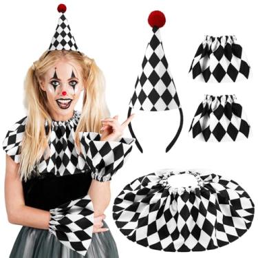 Imagem de CPEGHDVM 2 peças de acessórios de palhaço de Halloween para mulheres, chapéu de palhaço Pierrot, faixa de cabeça, chapéu de bobo de corte vintage, gola de palhaço, gola com babados, Preto e branco