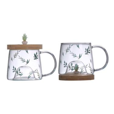 Imagem de Caneca Lyor Suculenta De Vidro Com Pires De Bambu 350Ml