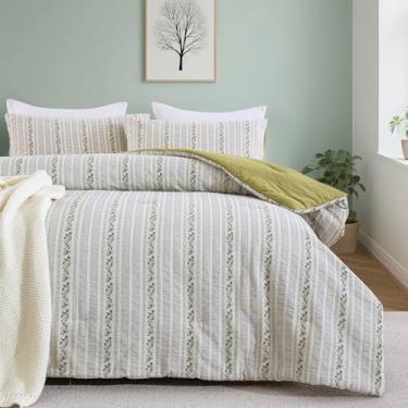 Imagem de Purefair Conjunto de edredom 100% algodão jacquard, estampa floral listrada, macio, leve, reversível, 3 peças, para todas as estações, Queen (228 x 228 cm)