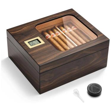 Imagem de Umidor de Charutos OTAKOKIT, Caixa de Cedro com Design Moderno de Vidro e Higrômetro Digital, Umidificador, Bandeja e Divisor de Cedro