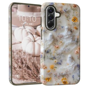 Imagem de Mainrenka Capa fantasma de Halloween para Samsung Galaxy A15 5G, capa protetora de design à prova de choque com estampa de flor fofa e caveira híbrida de 2 camadas