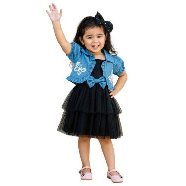 Imagem de Conjunto Infantil Vestido Preto Casaquinho Jeans Borboletas