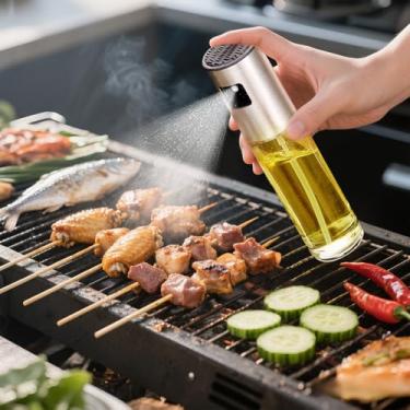 Imagem de Pulverizador de óleo de 100 ml para cozinhar, dispensador de óleo 2 em 1 para cozinha, dispensador de azeite de oliva para utensílios de cozinha, salada, churrasco (prata)