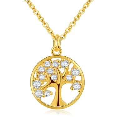 Imagem de CHARIFIN Colar feminino, pingente de árvore da vida, micro inserção, zircão, pingente redondo, corrente O, colar banhado a ouro, ajustável, Ouro, Zircão