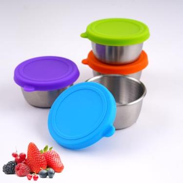 Imagem de Pacote com 4 recipientes de molho para salada de 47 g, recipientes de almoço, recipiente de salada para almoço, copos pequenos de aço inoxidável com tampas de silicone à prova de vazamento, para