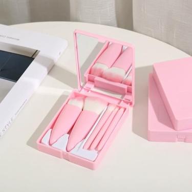 Imagem de Conjunto de pincéis de maquiagem para viagem fácil de tirar 5 peças, mini kit completo de pincéis cosméticos com espelho, base portátil e corretivo, conjunto de pincéis de maquiagem para sombra (rosa)