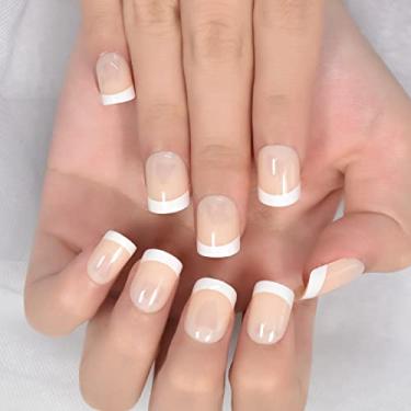 Imagem de Unhas redondas de pressão francesa curta cobertura completa unhas falsas dicas salão de beleza em casa manicure arte produtos de dedo