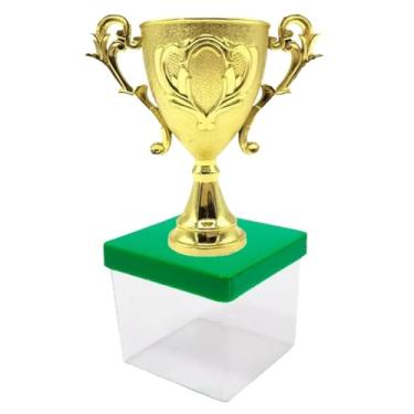 Imagem de Kit Lembrancinha Tema Futebol: Caixinha Acrílica Quadrada + Mini Troféu Dourado Festa Campeão (10 Troféu 10 Caixa 6x6 Tampa Verde)