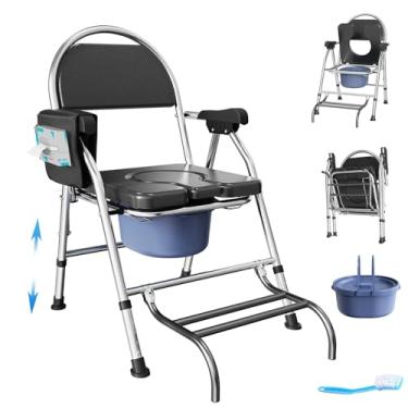 Imagem de Cadeira dobrável de cabeceira para idosos com altura ajustável, assento sanitário com apoio para os pés e almofada de assento de poliuretano macio, cadeira de penico para adultos com bolsa de pano de