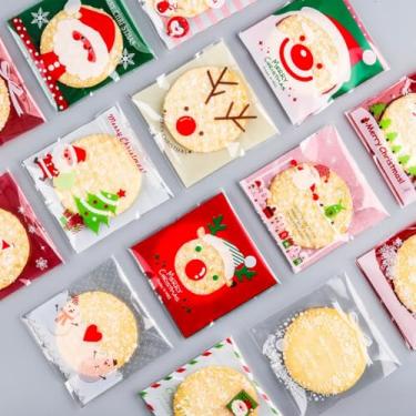Imagem de Conjunto de 100 sacos de Natal de 12,7 x 10 cm - celofane autoadesivo | Para doces, donuts, chocolate e biscoitos | Perfeito para embalagem de presente de festa