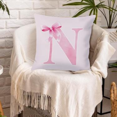 Imagem de Capa de almofada Coquette moderna com laço rosa preppy inicial personalizada para meninas adolescentes presentes monograma fronha pautada para faculdade capa de almofada de poliéster para sofá, sala