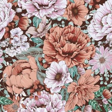 Imagem de Papel de parede floral retrô descasque e cole 45 cm x 300 cm em tons terrosos botânicos peônia impressão mocha claro e flores rosa blush em folhas verdes papel de contato removível para armário