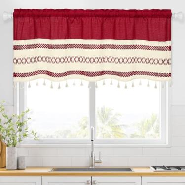 Imagem de FRAMICS Farmhouse — Cortina curta de crochê boêmio com borlas country sanefa vermelha para cozinha, filtro de luz, bolso para varão, tratamento de janela para banheiro, 1 painel, 132 cm L x 45 cm C