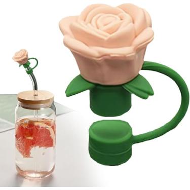 Imagem de Capas de palha de flor rosa de 10 mm para copo Stanley, capa de silicone à prova de poeira, pontas de canudo de flor, tampa de poeira para acessórios de 30 g (damasco)