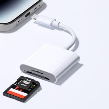 Imagem de Leitor de cartão SD/TF para iPhone iPad, adaptador de leitor de cartão de memória SD/Micro SD de 8 pinos para SD/Micro SD com dois compartimentos para câmeras SLR, visualizador de câmera de jogos de