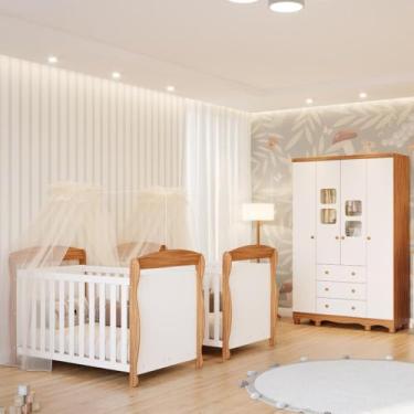 Imagem de Quarto de Bebê Gêmeos 2 Berços Americano Marquesa Guarda Roupas 4 Portas Uli 100% MDF