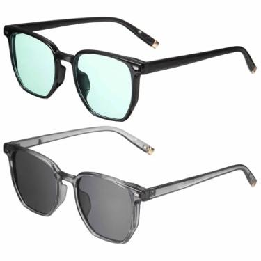 Imagem de HARFINGTON 2 peças de óculos de sol para mulheres e homens, óculos de sol quadrados modernos de policarbonato para dirigir, fazer compras e tirar fotos, preto brilhante e cinza transparente