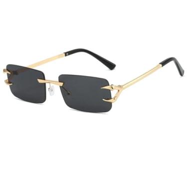 Imagem de HCPIHF Óculos de sol vintage retangulares sem aro para mulheres, armação de metal, moderno, transparente, lente oceânica, UV400 (dourado-preto)