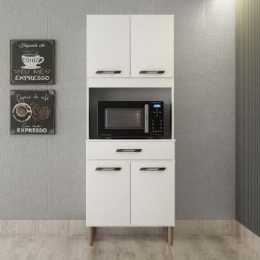 Imagem de Armário De Cozinha Multiuso 4 Portas Com Espaço Micro-ondas Branco Acetinado