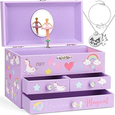 Imagem de efubaby Caixa de joias musical para meninas, organizador de joias de 3 camadas com gavetas, design de unicórnio giratório, design incluído, conjunto de joias de unicórnio, e