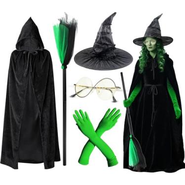 Imagem de ABONDEVER 5 peças acessórios de fantasia de bruxa verde chapéu de bruxa preto chapéu de óculos vassoura com luvas verdes para fantasia de cosplay de Halloween, adequado para fãs femininos