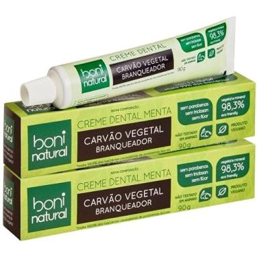 Imagem de Kit 2 Pasta Creme Dental Boni Natural Carvão Ativado Branqueador Com Menta 90g - S/Flúor e Vegano