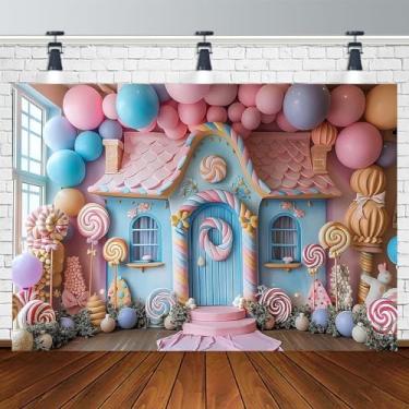 Imagem de Candyland Sweet Candy House Photo Backdrop - Fundo de festa de aniversário Donut Sweet One, faixa de primeiro aniversário da família de princesas, 1,8 x 1,2 m