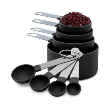 Imagem de Kit Medidores de Cozinha 8 peças - Colheres e Copos Medidores Culinários Aço Inoxidável - Kit Medidor para Confeitaria, Panificação e Receitas - Utensílios de Medida Profissional - Nalux (Preto)