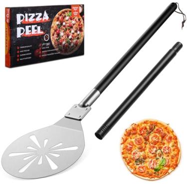 Imagem de Torneamento de casca de pizza de 23 cm, virador de pizza perfurado Joyfair com alça longa removível, espátula de aço inoxidável para deslizamento giratório, ferramentas de metal, acessórios de forno