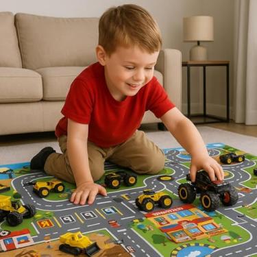 Imagem de Conjunto Infantil de Carrinhos com Tapete de Cidade, 3+ Anos, 80x70cm, com 2 Carrinhos, Acessórios de Trânsito e Adesivos