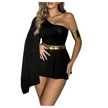 Imagem de SweatyRocks Vestido feminino de paetê de um ombro só, vestido de fantasia sexy com borla e linha A, Preto, Small