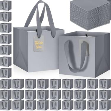 Imagem de Windyun 100 mini sacos de presente de papel com alça 15 x 15 x 15 cm quadrada pequena bolsa de lembrancinha com etiqueta de agradecimento faça você mesmo para Natal, aniversário, casamento, chá de