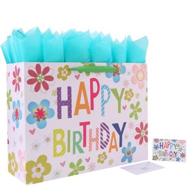 Imagem de Conjunto de sacolas de presente de feliz aniversário coloridas extragrandes de 58 x 43 cm com alças, cartão comemorativo, papel de seda verde e adesivos, bolsa de presente grande 2GG grande para