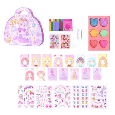 Imagem de Conjuntos de maquiagem infantil, kit de maquiagem de simulação,Brinquedo de maquiagem de simulação para meninas - Kit de maquiagem de princesa com adesivos, conjunto de jogos de vestir para