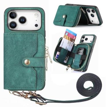 Imagem de Carteira com zíper funcional, porta-cartões, capa de couro para iPhone 17 Pro Max, 16 Plus, 15, 14, 13, 12, 11, 17air, bolsa com cordão, verde, para iPhone 16e