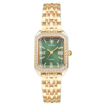 Imagem de JewelryWe Relógio feminino de quartzo quadrado: relógios femininos de quartzo analógico dourado com pulseira destacável relógio de pulso para o Natal, Strass, ouro, verde, relógio dourado iced out