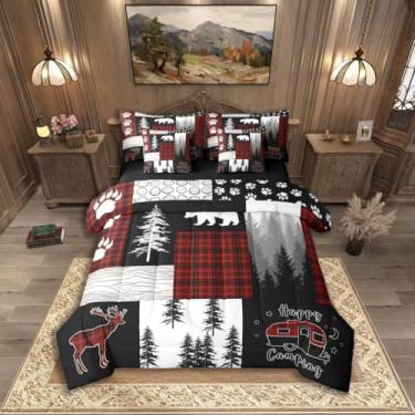 Imagem de Erosebridal Conjunto de cama King rústico com urso, cabana rústica, veado, vida selvagem, floresta, acampamento, trailer, vermelho e preto, quadriculado em uma bolsa (lençol com elástico + lençol de
