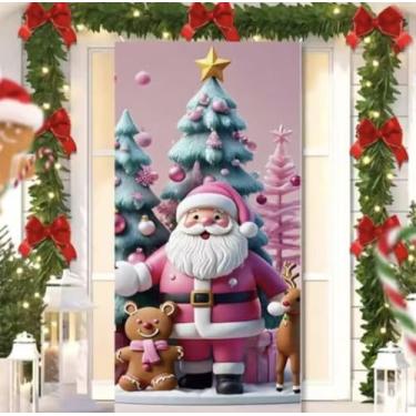 Imagem de Capa para Porta Feliz Natal Rosa com Elástico – Painel Decorativo Feliz Papai Noel Tecido Premiun (2,10 Cms X 0,85 Cms) (9)