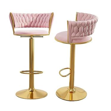 Imagem de Conjunto de 2 banquetas de veludo giratórias de 360° com 2 bancos altos ajustáveis de altura para cadeira moderna e simples com encosto e apoio para os pés para cozinhas, salas de jantar, café