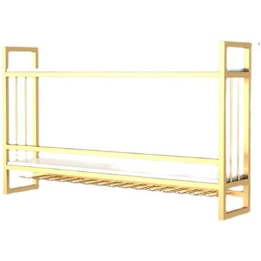 Imagem de Prateleira de vinho montada na parede, suporte de garrafa de vinho de ferro de metal dourado prateleira de armazenamento de taça de vidro, organizador de prateleiras de vinho flutuantes para bares