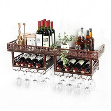 Imagem de Prateleiras de vinho industriais montadas na parede, suporte de garrafa de vinho suspenso de metal, suporte de taça de metal de 2 camadas, suporte de vinho de parede para bar adega de vinho cozinha