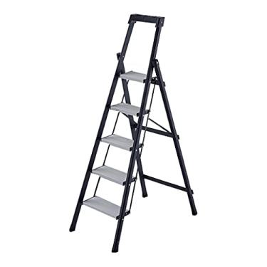 Imagem de Escadas dobráveis escadas de 5 degraus banquinho dobrável com prateleira de ferramentas conveniente e segura escadas foscas modernas escadas de metal resistente para casa escada resistente (cor: 1