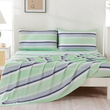Imagem de MCO Conjunto de lençóis listrados de 4 peças, jogo de cama King respirável com bolso profundo de 41 cm, moderno e luxuoso, conjunto de cama de microfibra escovada (king, verde cinza)
