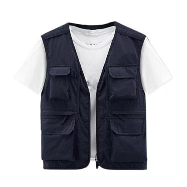 Imagem de Colete De Pesca Verão Para Homem, Colete Cargo Leve Sem Mangas Com Fecho E Malha Respirável Com Vários Bolsos Para Homem, Acampamento Prova Vento Impermeável Fecho, Para Caminhadas(Dark blue,6XL)