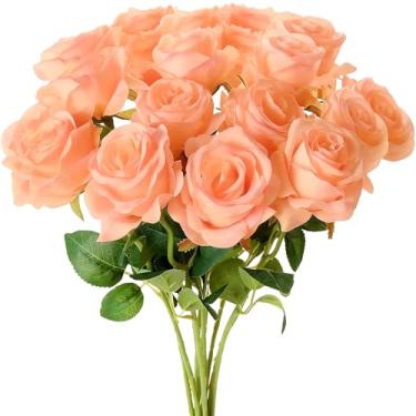 Imagem de TFSWUFI Flores artificiais de rosas rosa tangerina, 15 peças, rosas falsas de seda com hastes longas, rosa sintética para centros de mesa de casamento, decoração de casa, decoração de festa, buquê DIY