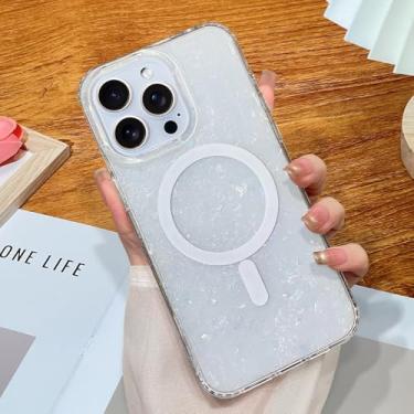 Imagem de SAKULLO Capa para iPhone 15 Pro Max com design de pérola iridescente [compatível com MagSafe] linda capa magnética transparente brilhante para mulheres e meninas de 6,7 polegadas, glitter pérola